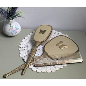 Vintage 1950s USA Gold Vanity Set Mirror Brush Comb Butterfly Floral